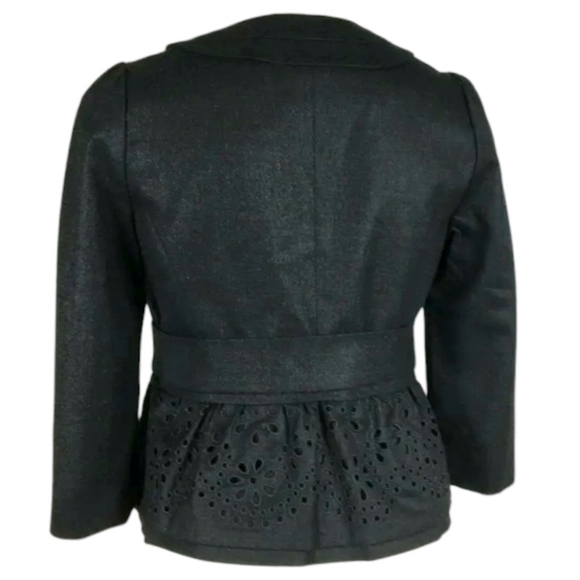 REBECCA TAYLOR Wool Crop Blazer Eyelet Peplum Detail Puff Shoulder Grey Gray XS - Picture 3 of 11